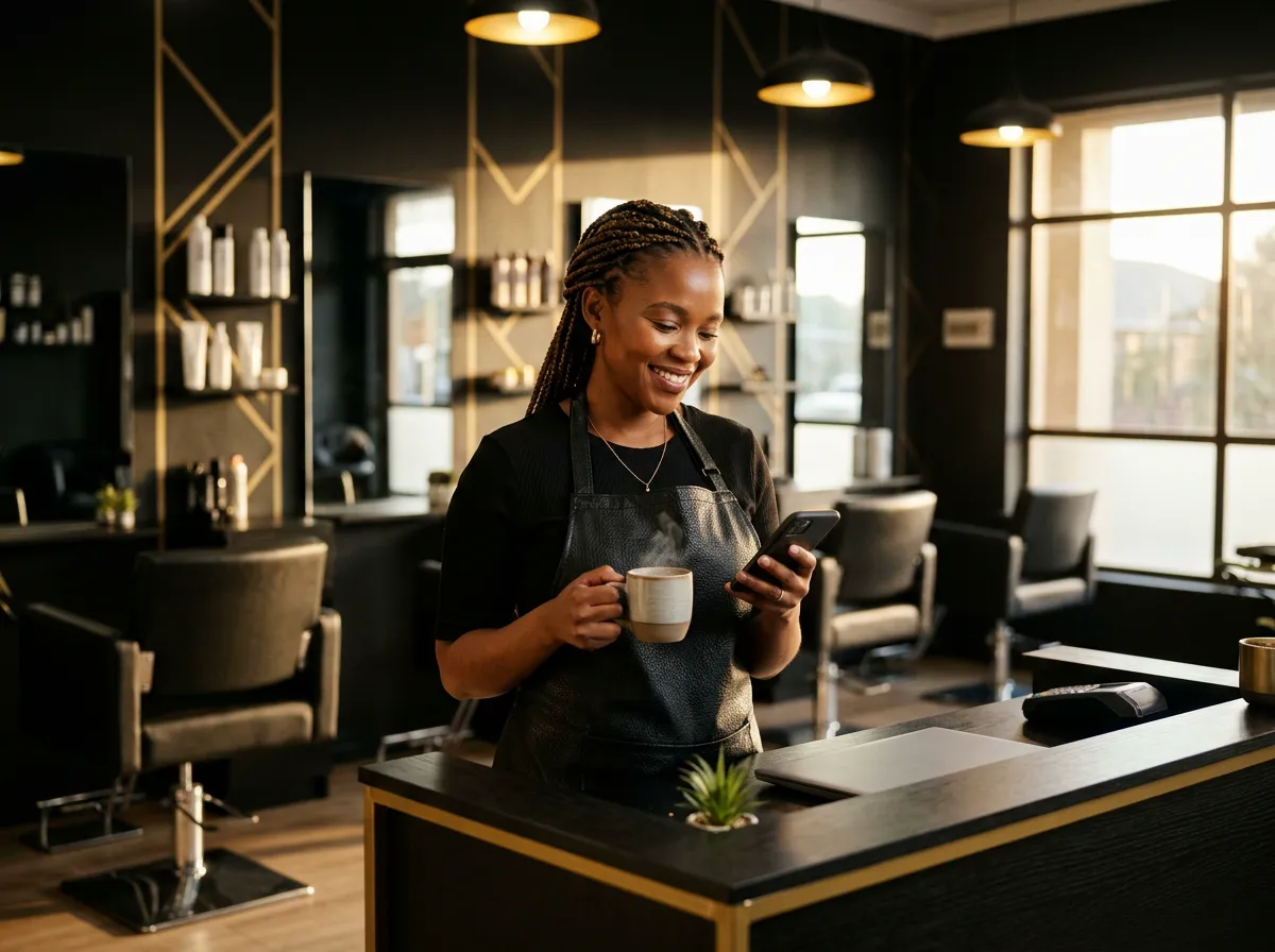 A salon owner reading her 7am briefing on her phone with a coffee