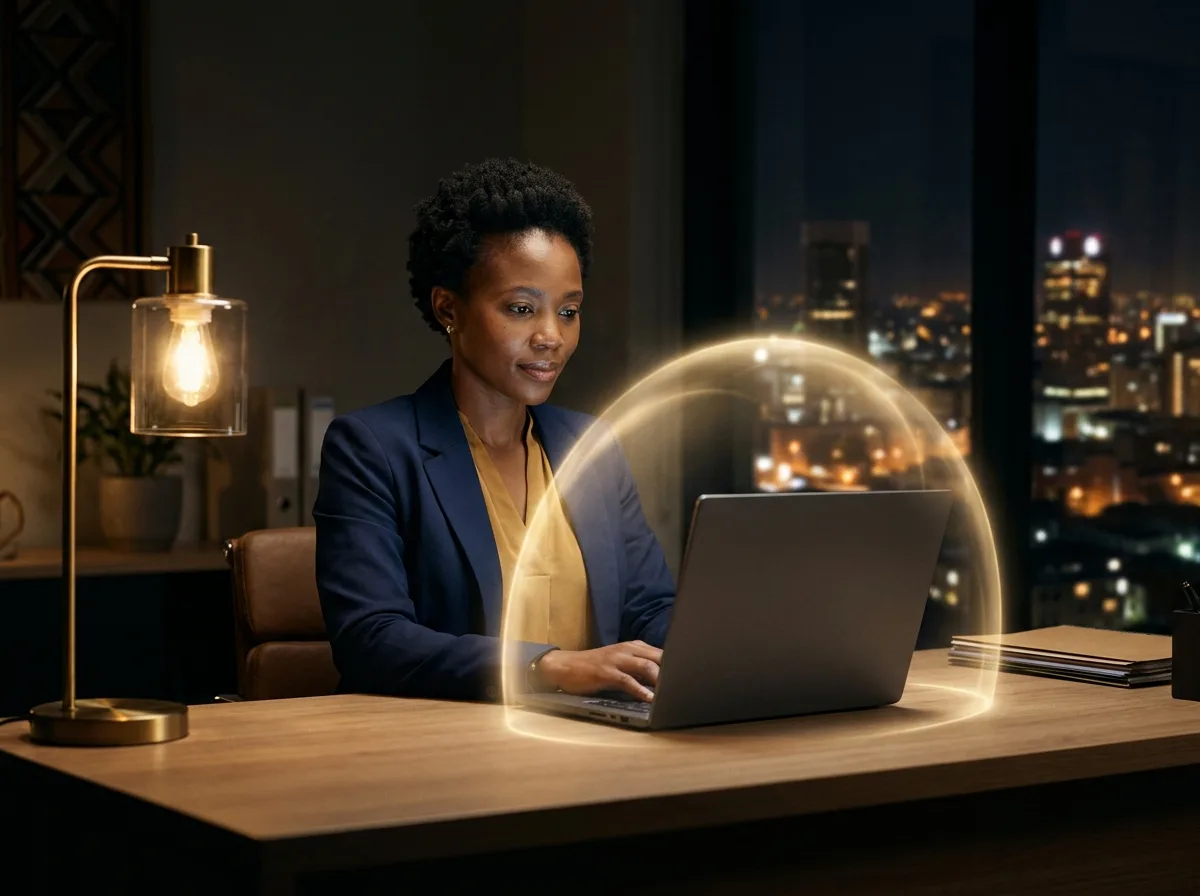 A business owner working safely on a protected laptop