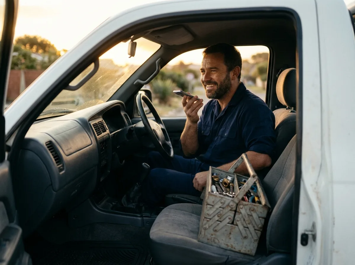 A plumber in his bakkie sending a voice note to his assistant